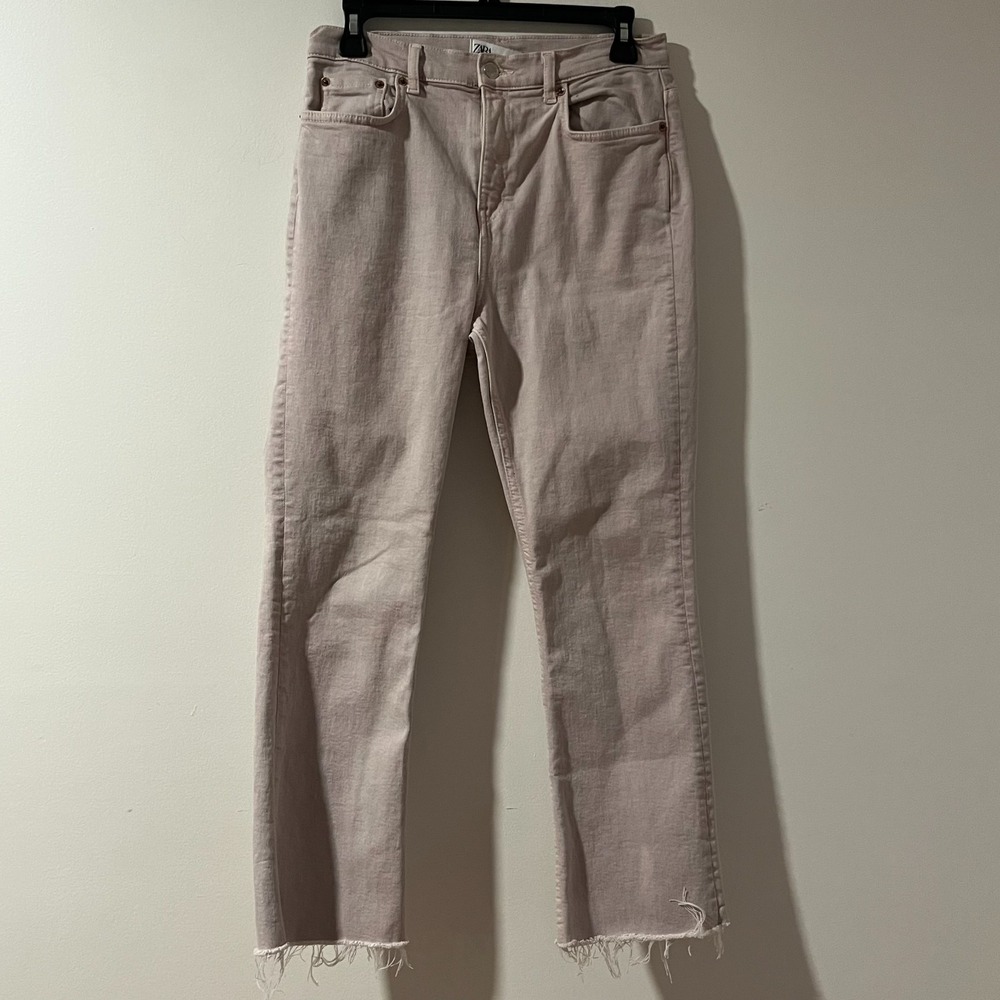 ZARA Pale Pink Denim Jeans Size 6 Raw Frayed Hem High Rise Faded Casual Pants